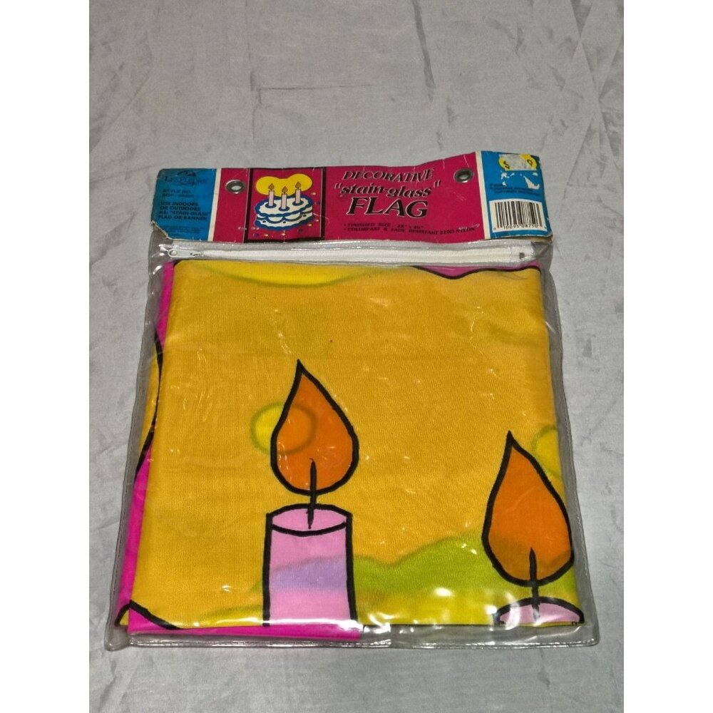 Vintage Les Fleurs Stain Glass 30x45”Cake & Candles birthday Nylon Yard Flag